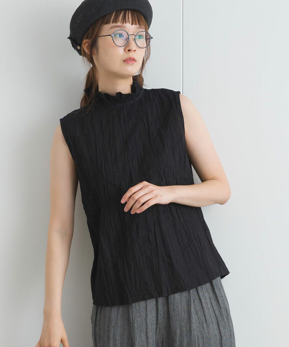 日本女裝代購 - 木耳領楊柳感無袖上衣-直條紋-深灰藍