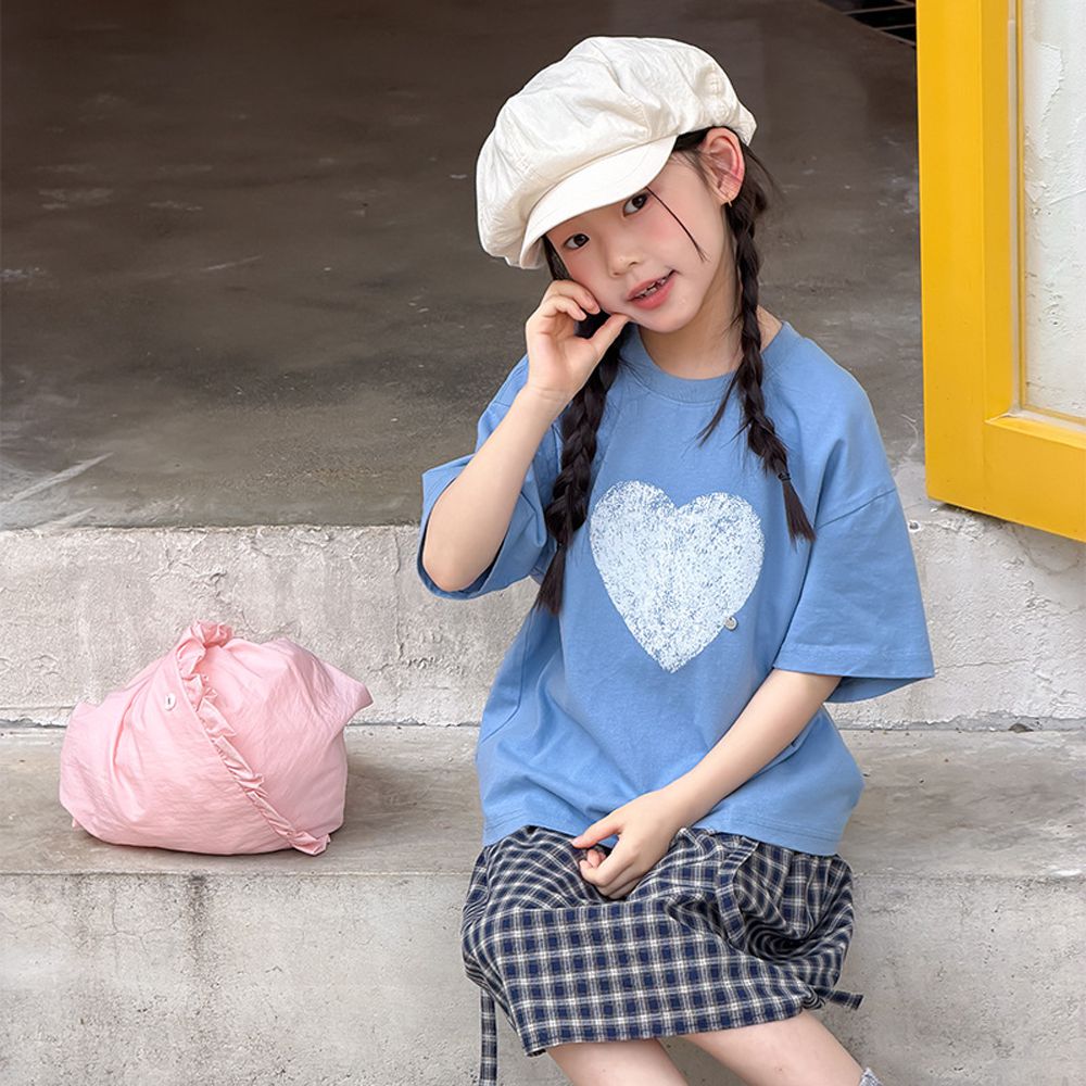 純棉美式休閒短袖上衣-仿舊愛心-藍色