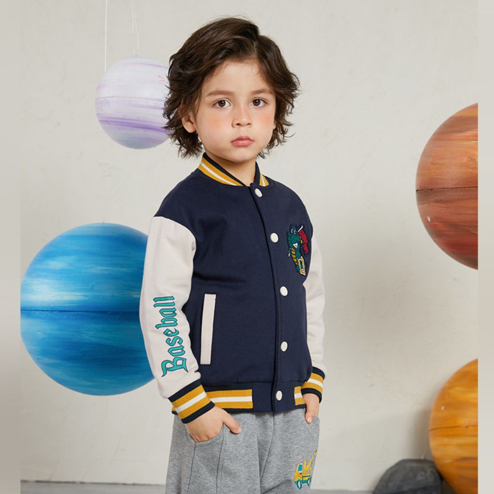 童趣拼色棒球外套-驕傲壞壞恐龍-深藍+杏