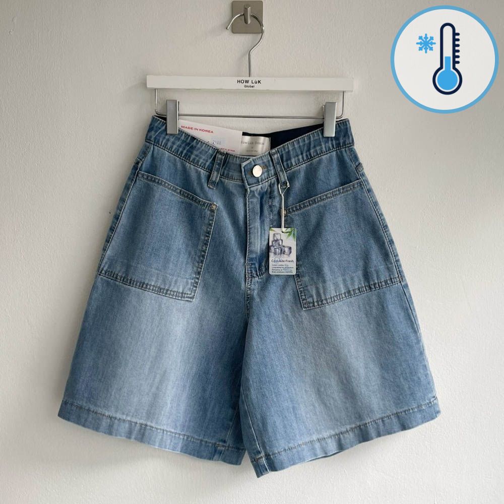 (涼感機能)鬆緊腰大口袋丹寧短褲-中青