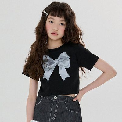 韓國 FORK CHIPS - 蝴蝶結緞帶印短袖上衣-黑