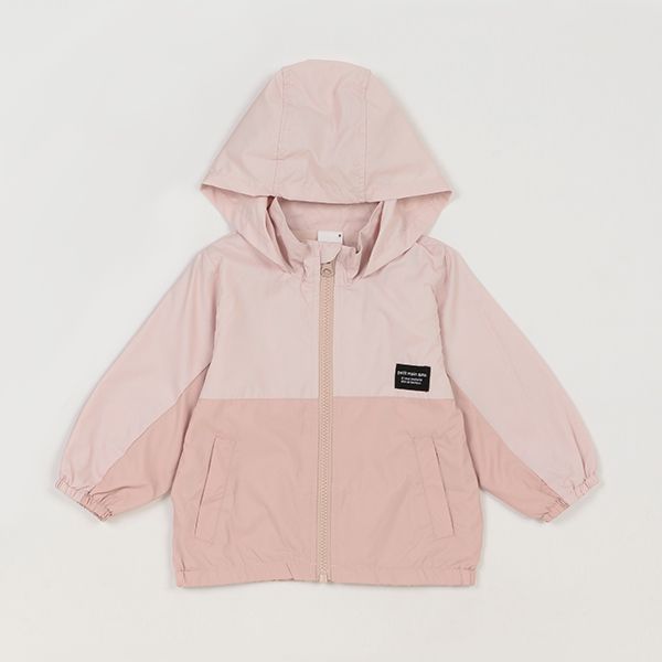 日本 petit main - 拼接雙色連帽輕量防風外套-淺黃x薄荷