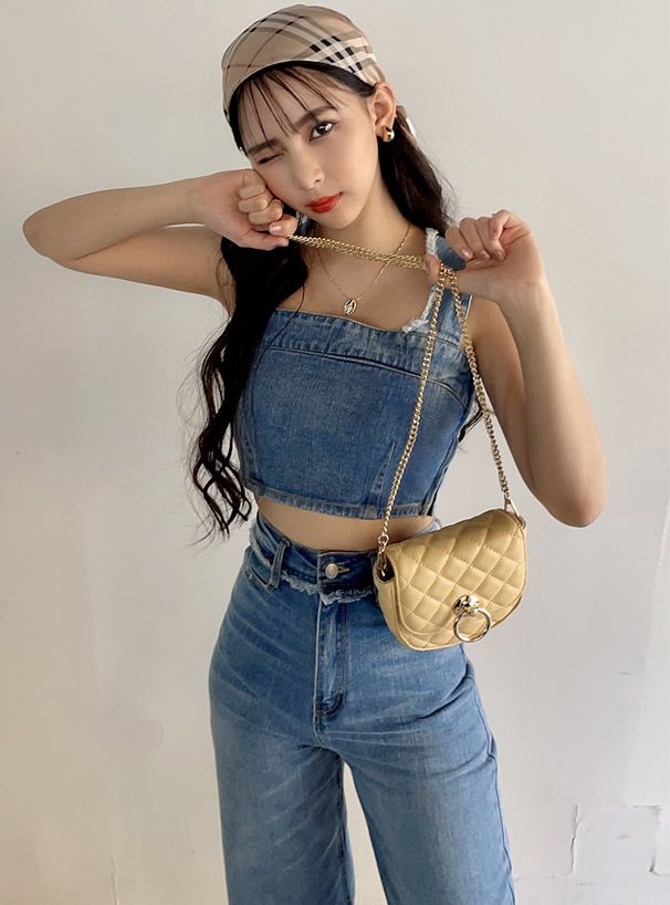 日本 GRL - 馬鞍形格紋金屬鏈小包/側背包-黑