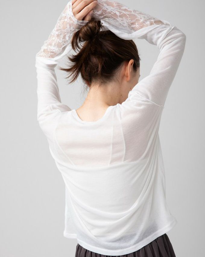日本 gleam - 薄透合身蕾絲拼接長袖上衣-白