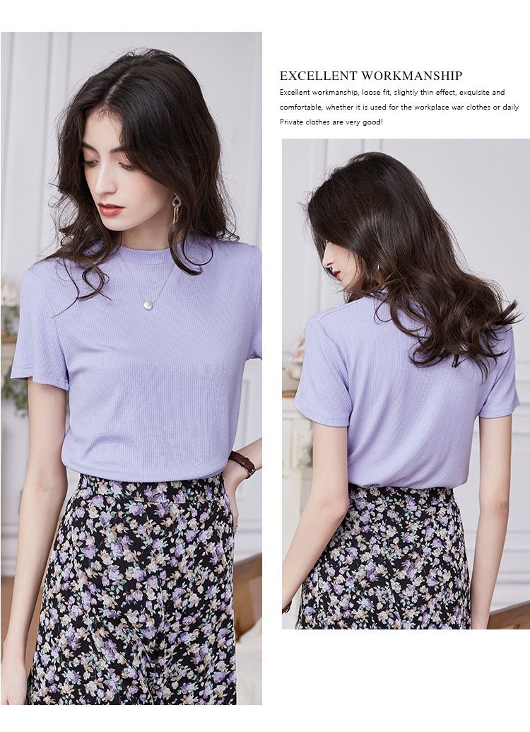 慵懶格調圓領短袖上衣-淺紫色 (M)