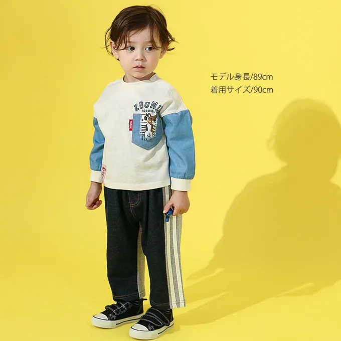 日本 ZOOLAND - 丹寧風小熊長袖上衣-帥氣刷破口袋-海軍藍