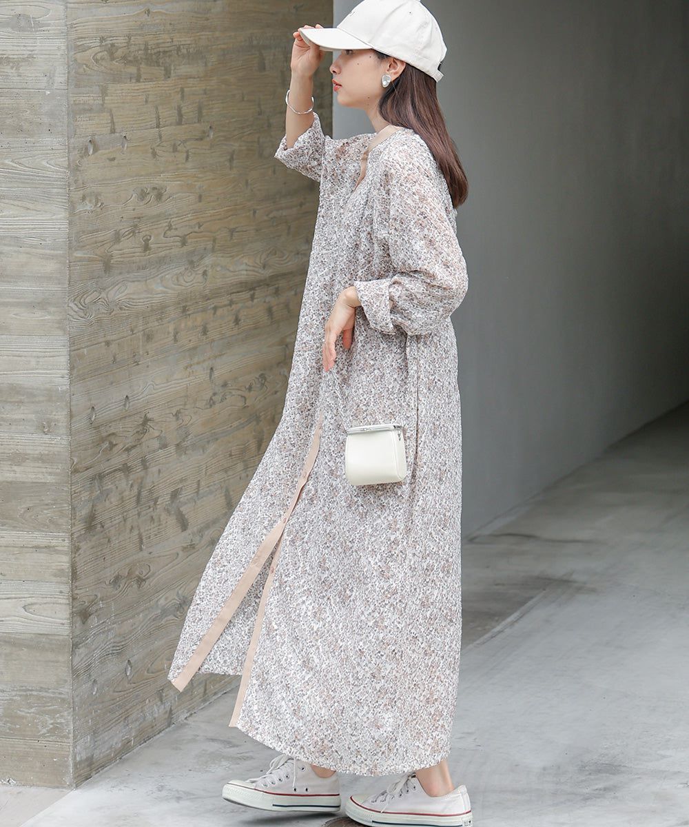 日本 Bab - 文藝浪漫碎花排扣洋裝-石英灰