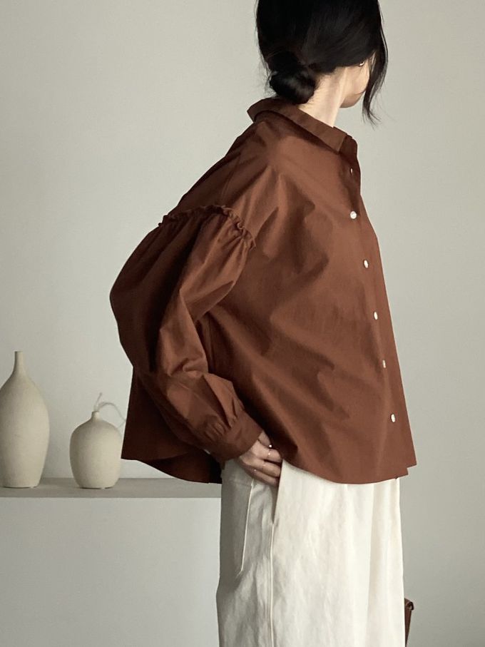 韓國女裝連線 - 極簡拼接翻領長袖襯衫-咖啡紅 (FREE)