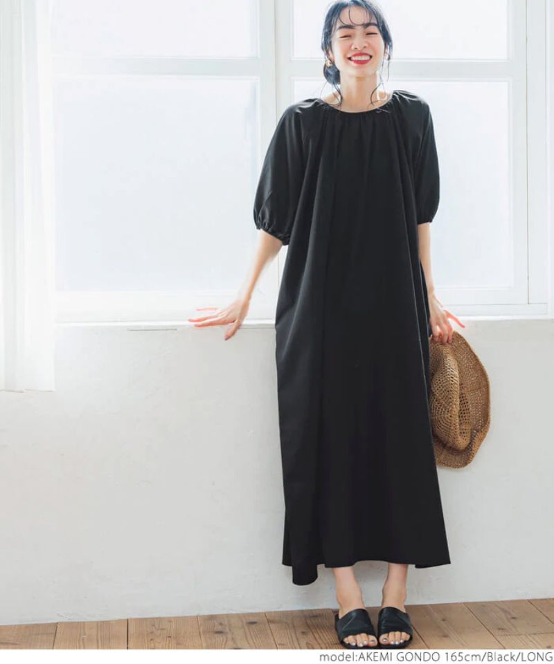 日本 COCA - 超寬鬆抓皺圓領五分袖長洋裝-橘