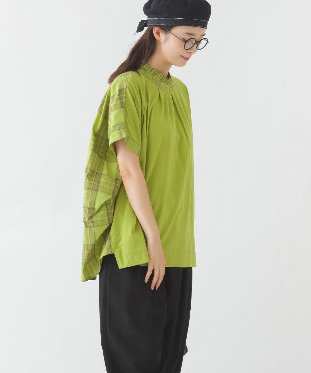 日本女裝代購 - 100%印度棉格紋拼接短袖上衣-深藍