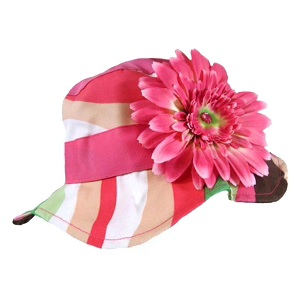 美國 Jamie Rae - 100%純棉帽-寬粉條紋遮陽帽+糖果粉雛菊