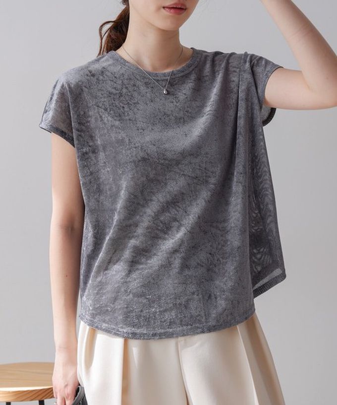 日本 Bab - 微透輕盈天鵝絨法式袖上衣-海軍藍 (M)