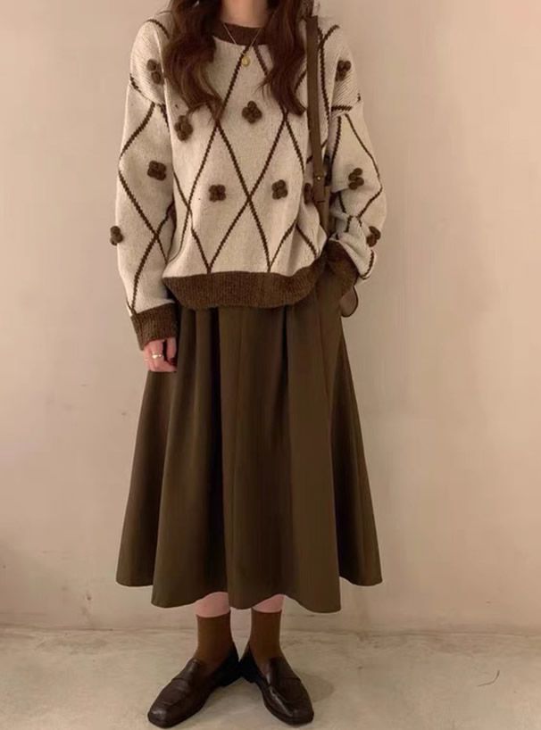 日本 GRL - 幾何菱格小花針織毛衣-米