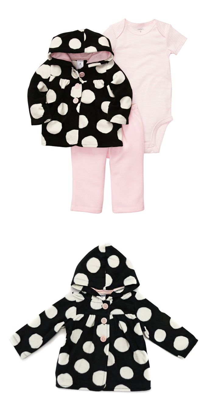美國 Carter's - 大圓點絨毛連帽外套+短袖包屁衣+長褲3件組 (9 M)