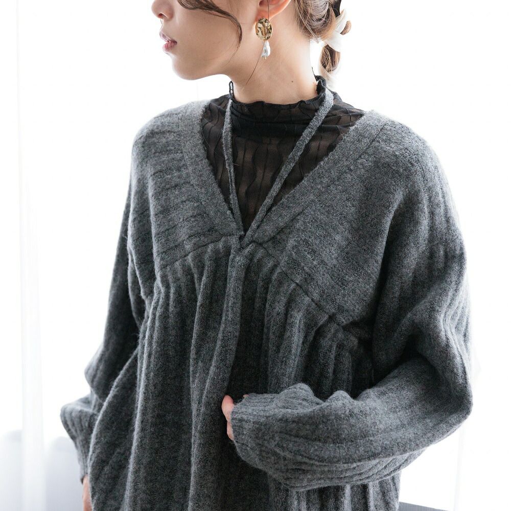 日本 ihuu - 特色綁帶V領針織毛衣-淺灰