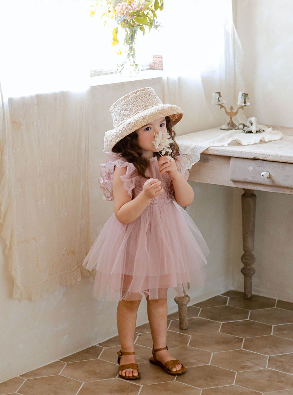 韓國 Puellaflo - 古典風透膚雕花網紗洋裝-藕粉