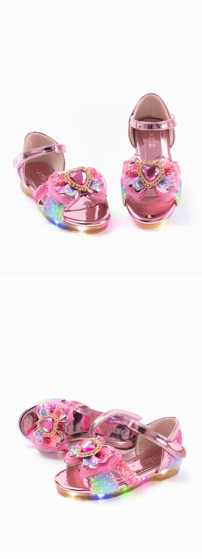 韓國 OZKIZ - (LED燈)粉紅愛心寶石魔鬼氈涼鞋