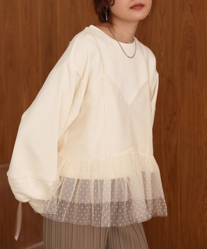 日本 Bab - 浪漫層次吊帶+裏毛上衣(2件組)-圓點薄紗-米白