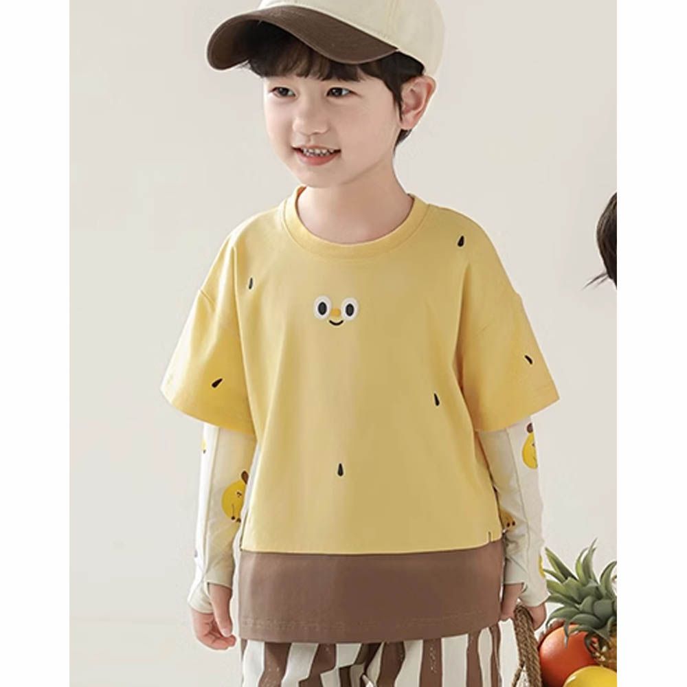 圓領水果撞色短袖上衣-表情印花-香蕉