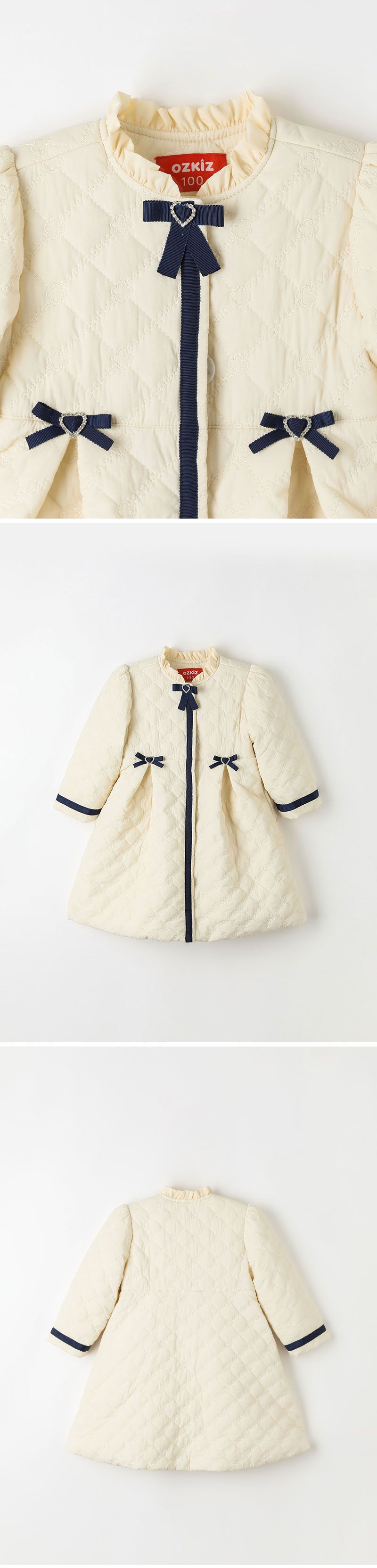 韓國 OZKIZ - 高雅愛心鑽蝴蝶結長版大衣-米白