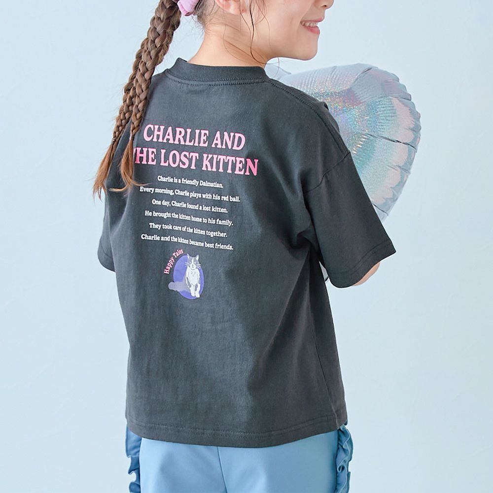 100%棉 可愛女孩寬版短袖上衣-找尋貓咪-炭黑