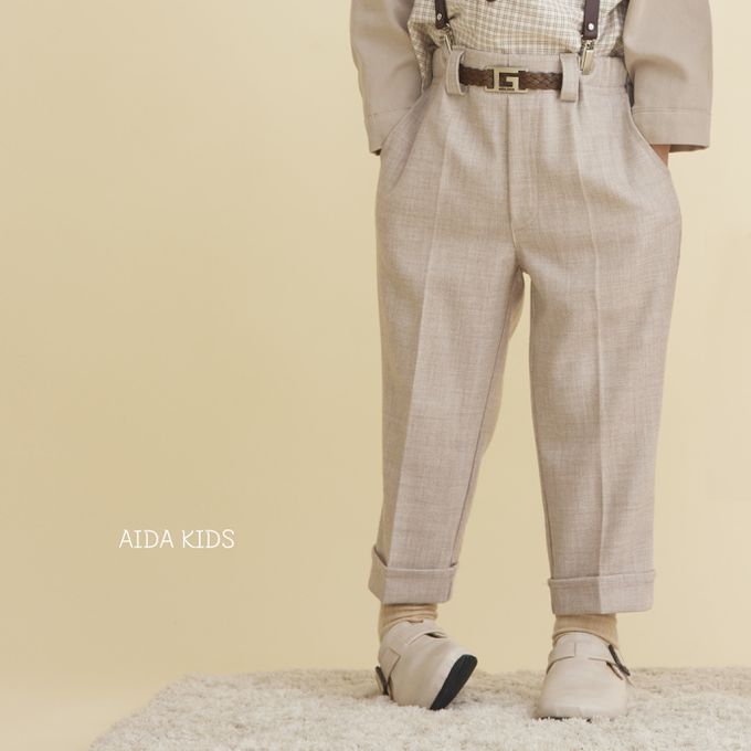 韓國 AIDA - 裝飾腰帶鬆緊腰直筒長褲-奶茶