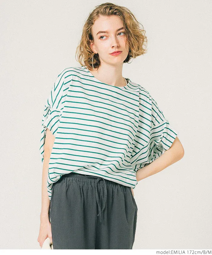 日本 COCA - 透氣百搭圓領飛鼠袖上衣-條紋-綠白