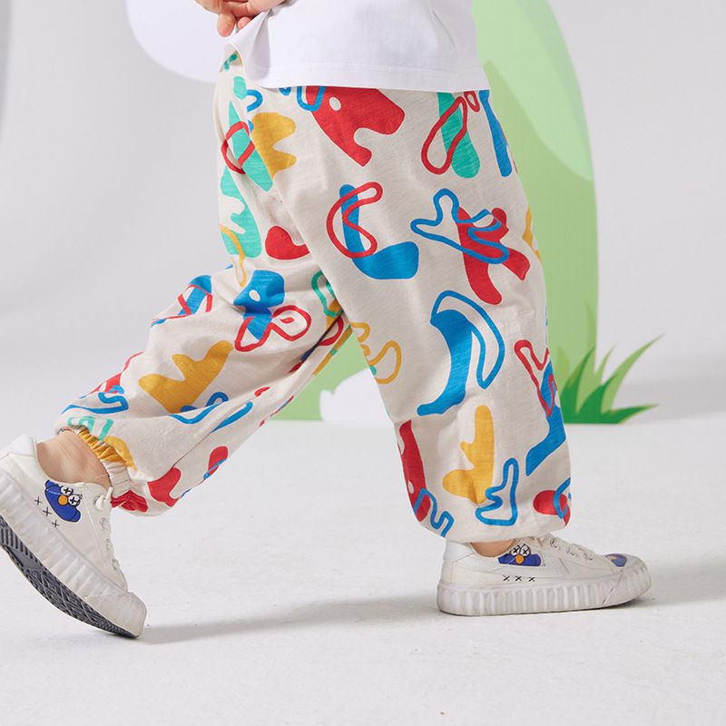 竹節棉束口長褲/防蚊褲-滿版繽紛英文字母-杏色