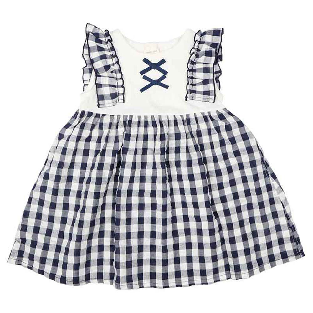 洋裝-泡泡紗拼接-深藍色