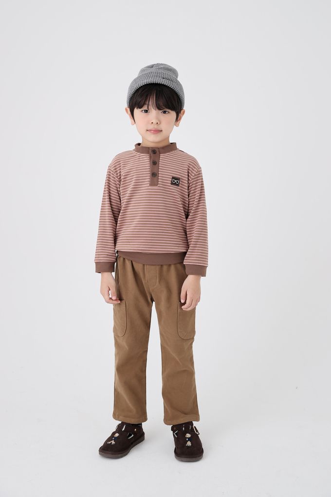 韓國 Coco Bang - 鈕扣細條紋長袖上衣-酒紅