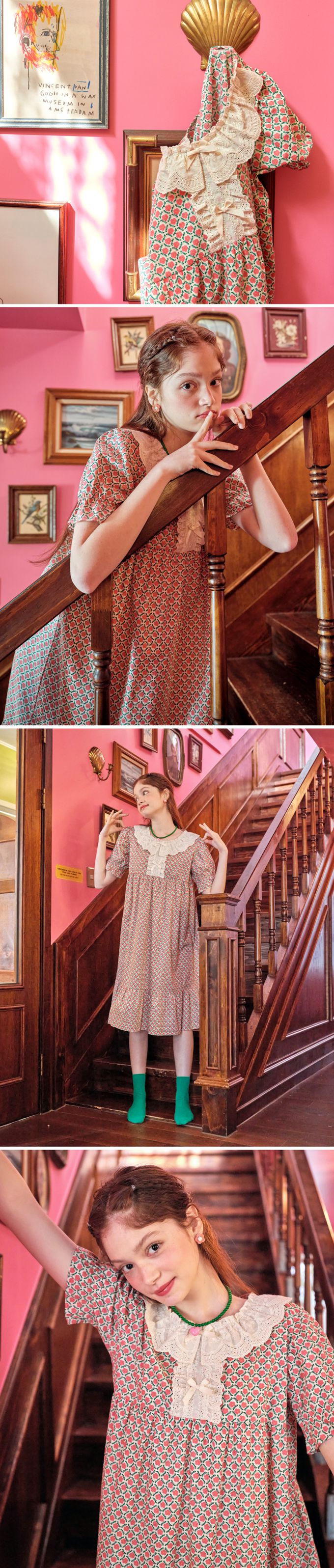 韓國 ULLALA - 花印領口蕾絲拼接短袖睡裙-粉紅花 (FREE)