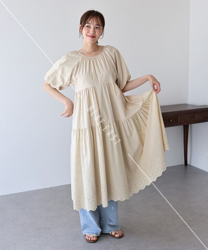 日本 BLUE EAST - 100%棉 下擺精緻蕾絲泡泡短袖洋裝-黑