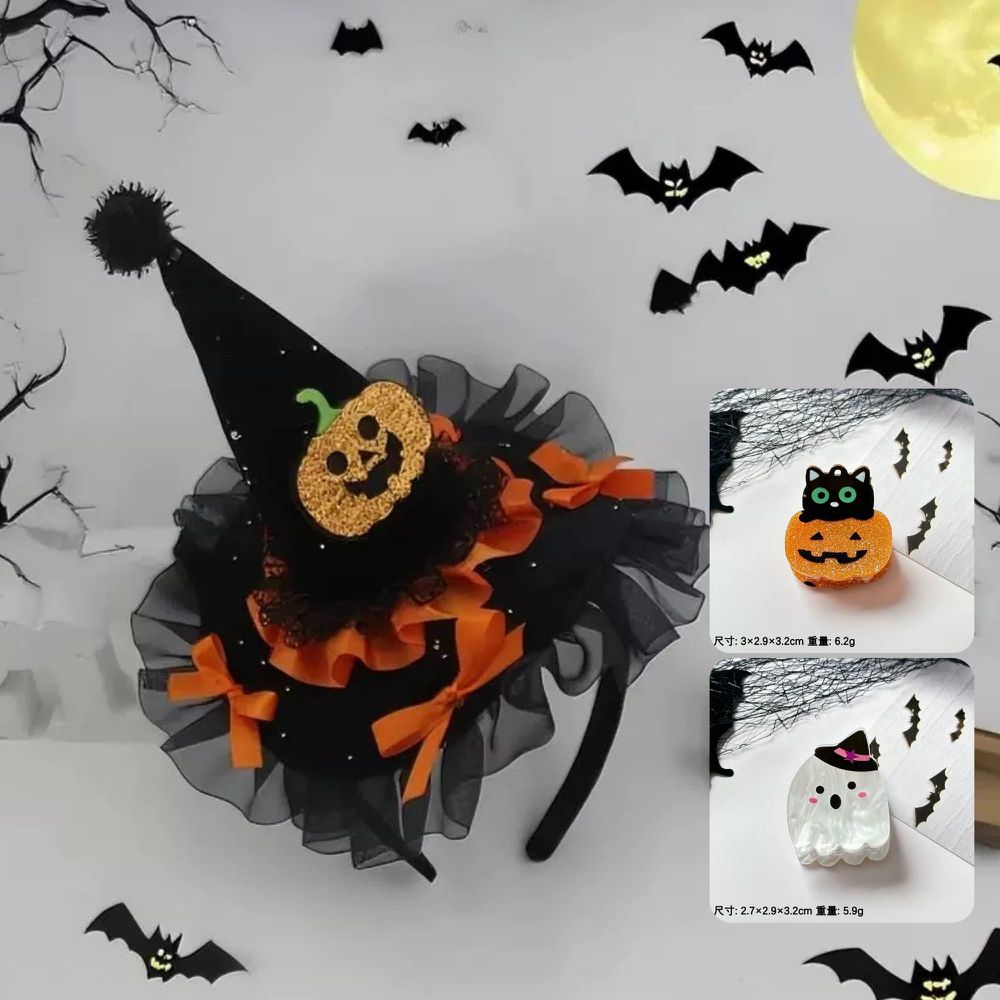 萬聖節小巫婆帽南瓜髮箍+2款可愛小抓夾-袋裝