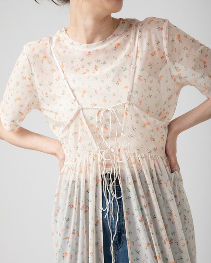 日本 gleam - 前後2way浪漫小花細肩帶薄紗洋裝-水藍