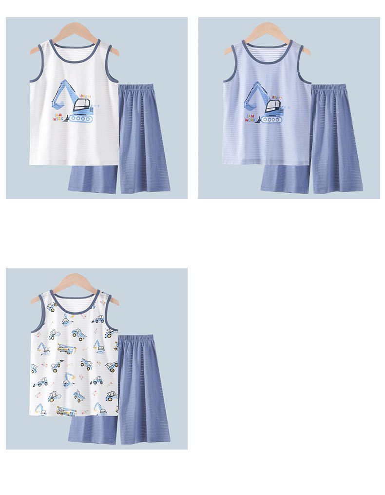 MAMDADKIDS - 竹節棉無袖套裝/家居服-挖掘機-白色