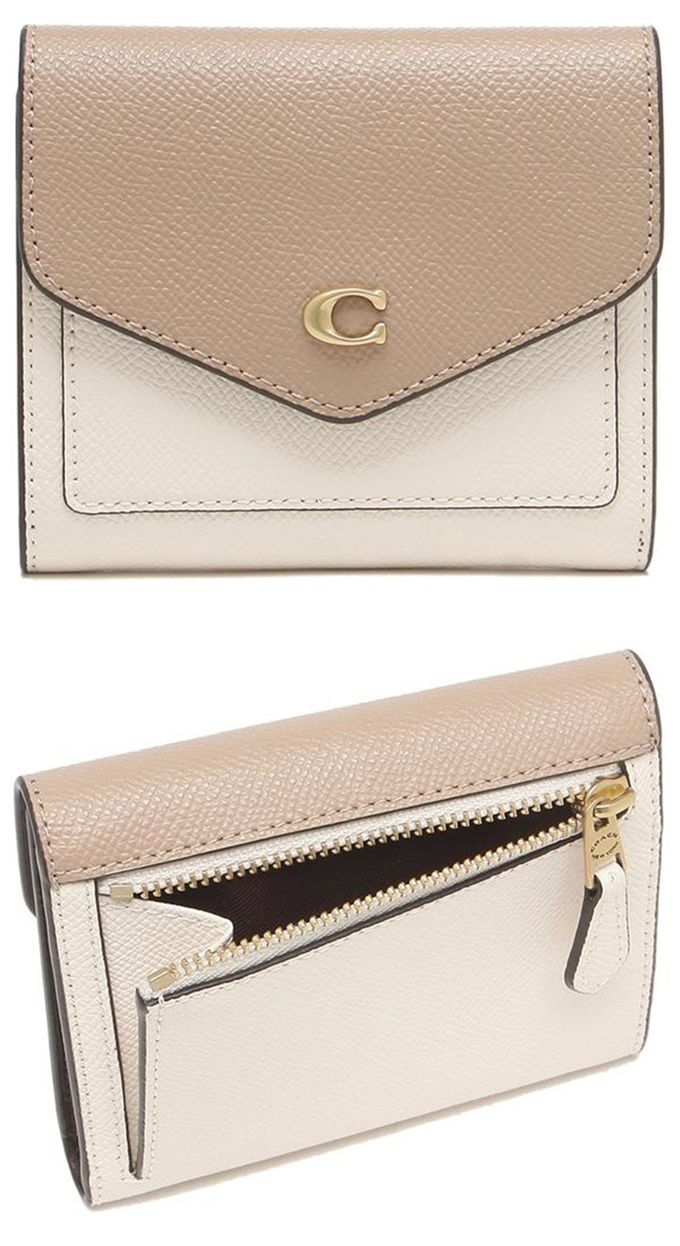 COACH - 撞色皮革翻蓋短夾 (米白)