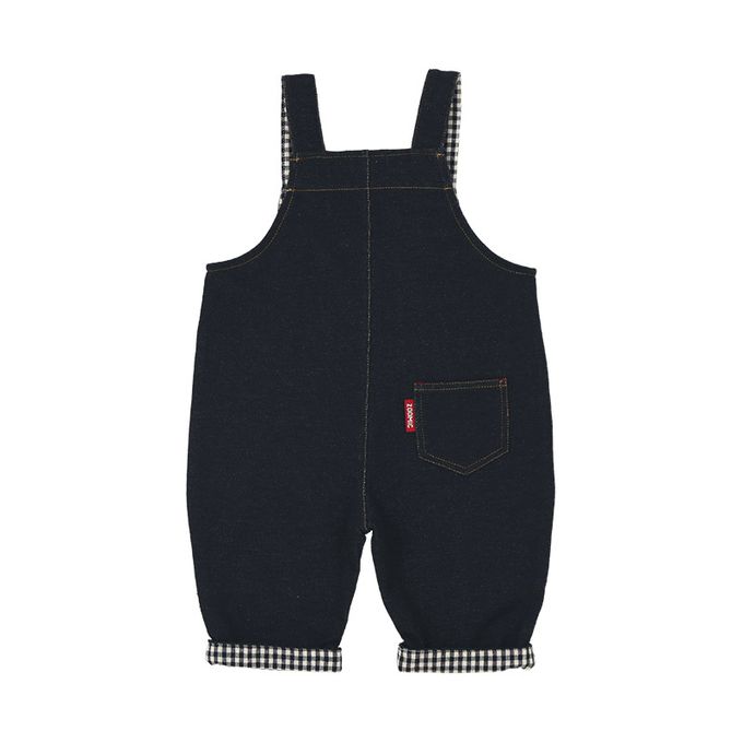 日本 ZOOLAND - 胸前大口袋舒適好穿吊帶褲-格紋內襯-海軍藍