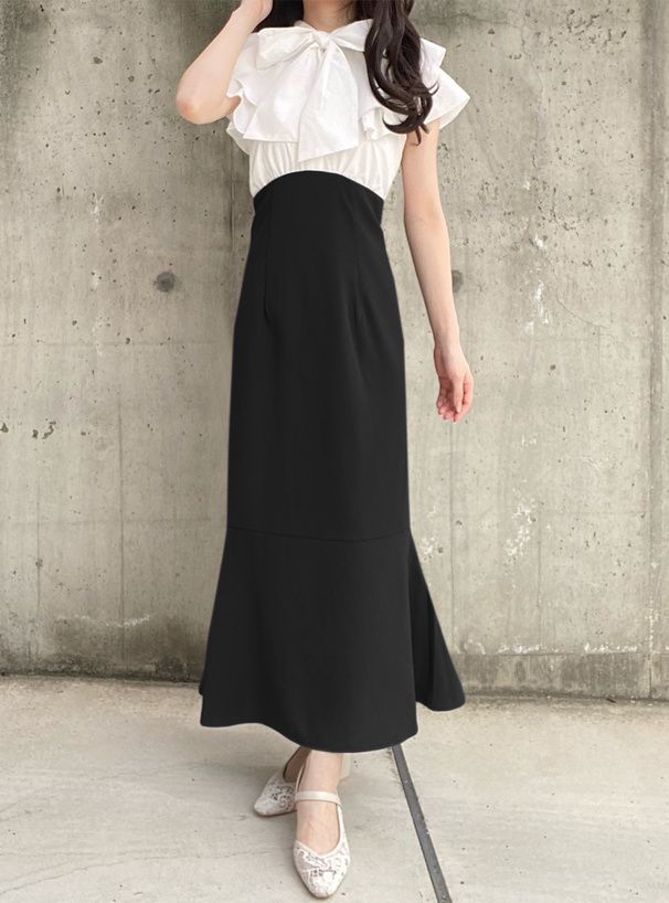 日本 GRL - 華麗蝴蝶結拼接魚尾洋裝-黑x白