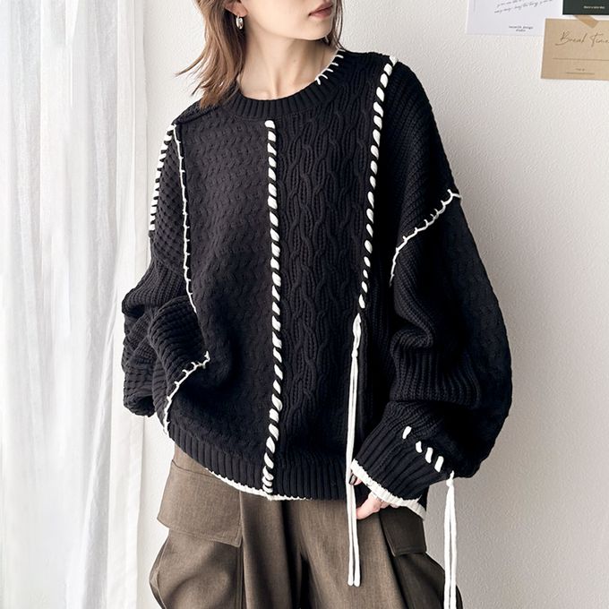 日本 Classical Elf - 2way跳色毛線編織寬鬆長版毛衣-黑