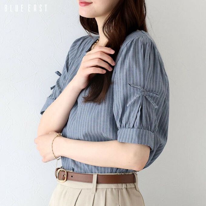 日本 BLUE EAST - 甜美可愛蝴蝶結點綴短袖上衣-黑 (M)