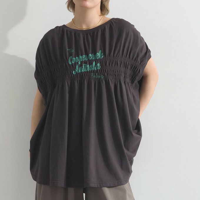 日本 le colis - 清爽天竺棉落肩皺摺短袖上衣-寶石綠