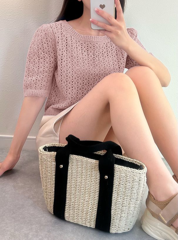 日本 GRL - 清新短版鉤針短袖上衣-冰河藍 (F)