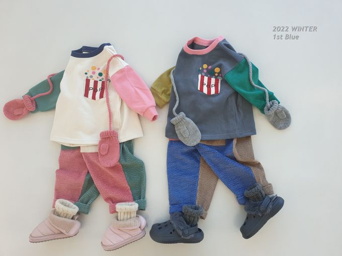 韓國 First Blue - 鬆緊腰絨布口袋雙色長褲-桃X綠