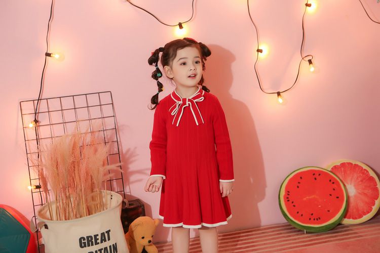 長袖針織洋裝-領口蝴蝶結-紅色