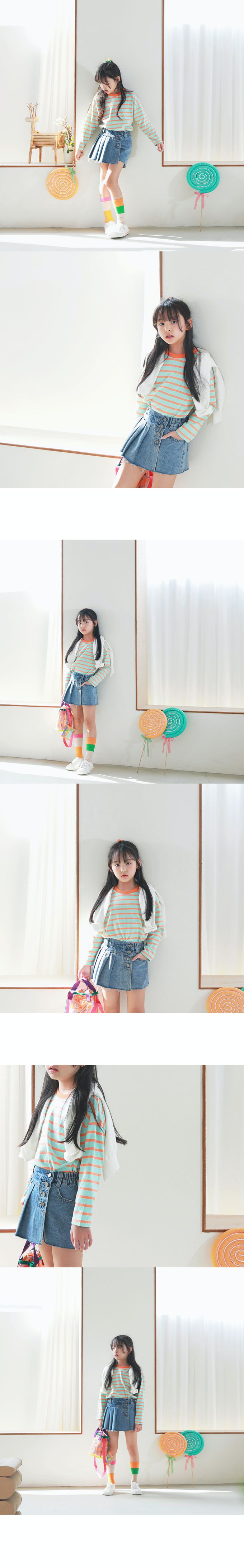 韓國 J KIDS - 好搭配條紋長袖上衣-粉X亮綠