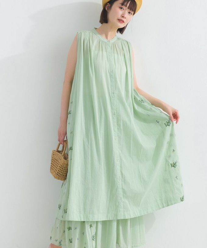 日本 Lupilien - 100%印度棉 優美植物側邊刺繡無袖洋裝-海軍藍