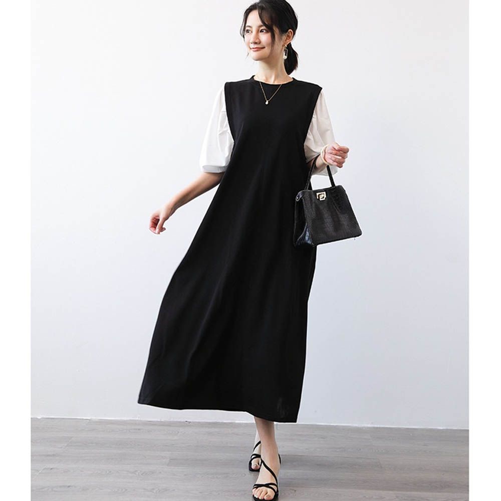 日系拼接假兩件泡泡袖洋裝-白色