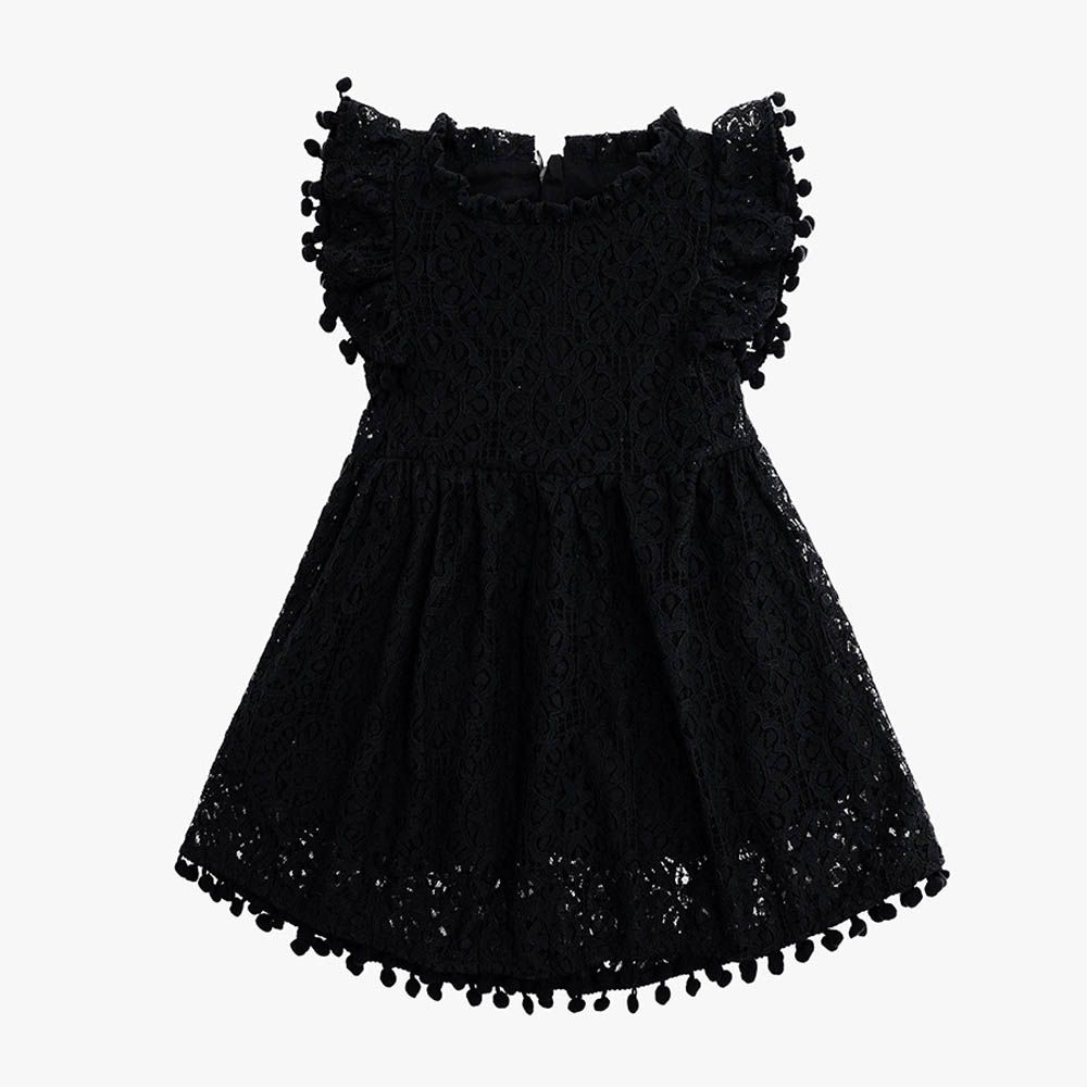 氣質簍空蕾絲小飛袖洋裝-黑色