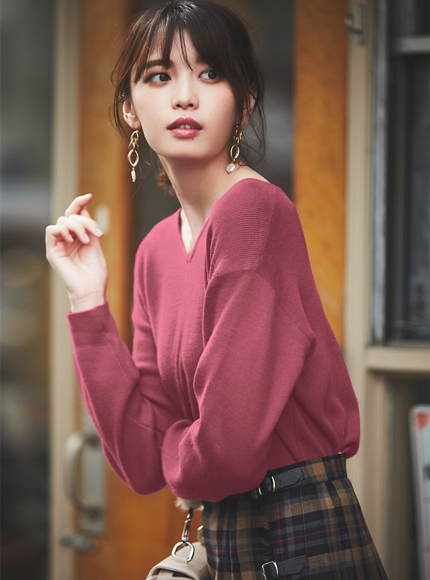 日本 GRL - 優雅V領長袖針織上衣-酒紅