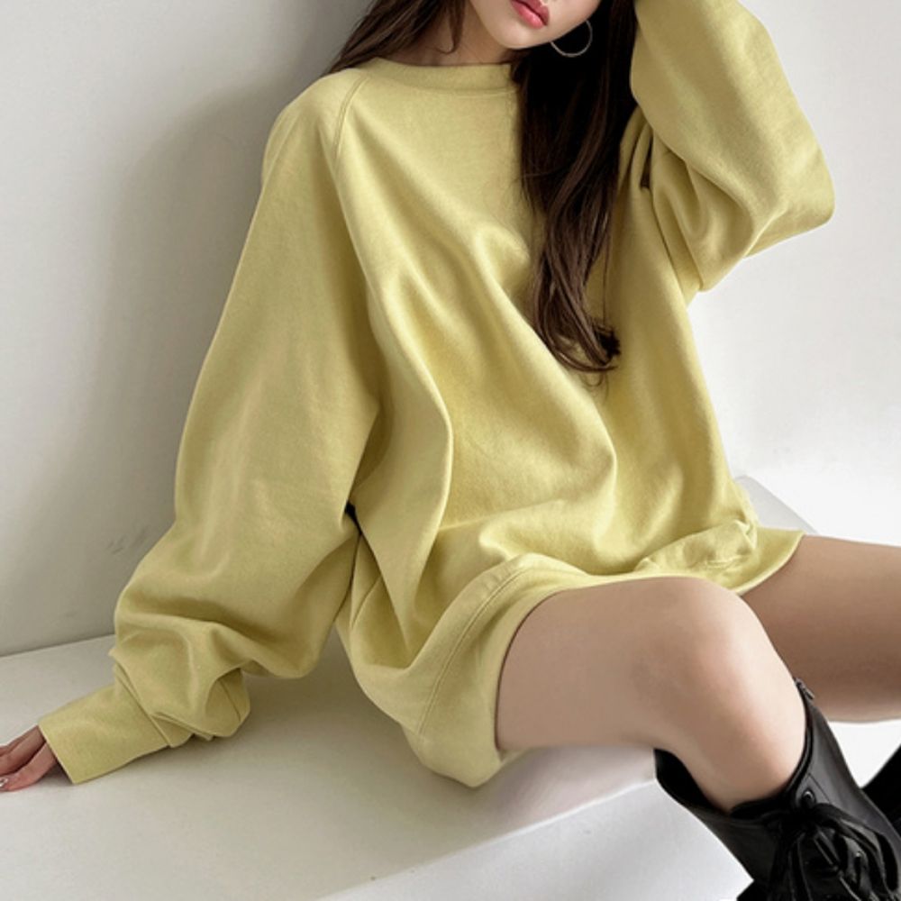 圓領內刷毛落肩長袖上衣-奶油黃 (F)